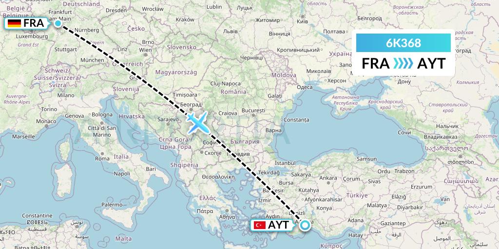 6K368 Songbird Airways Flight Map: Frankfurt to Antalya