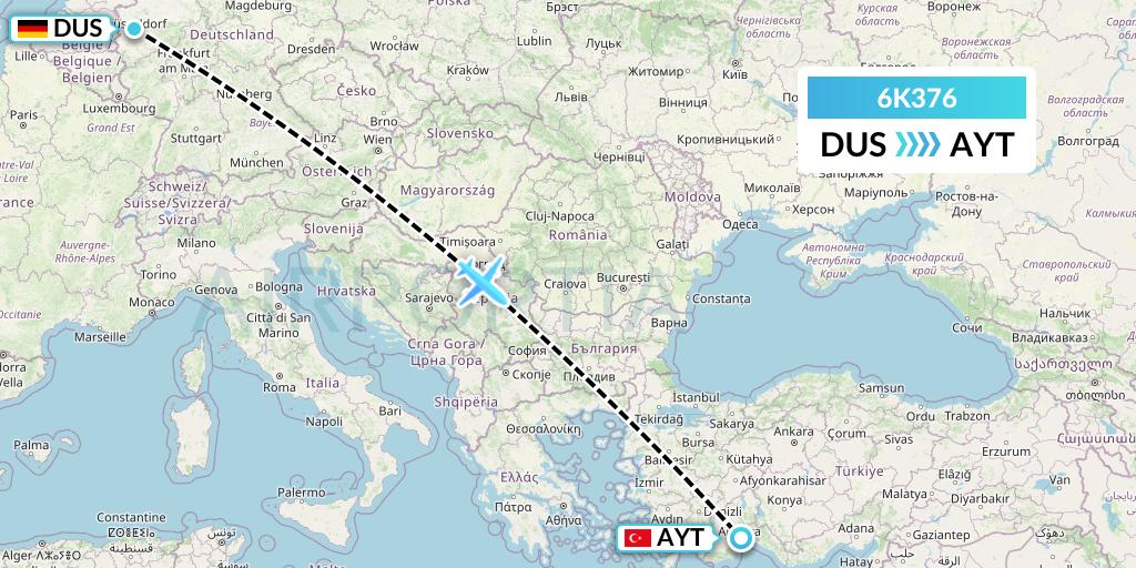 6K376 Songbird Airways Flight Map: Dusseldorf to Antalya