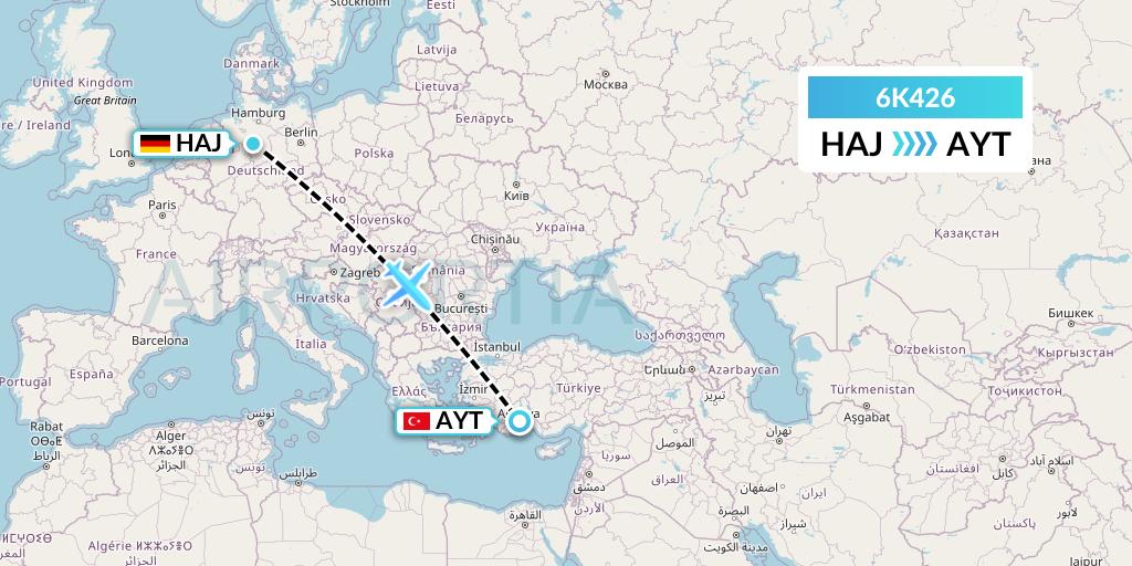6K426 Songbird Airways Flight Map: Hannover to Antalya