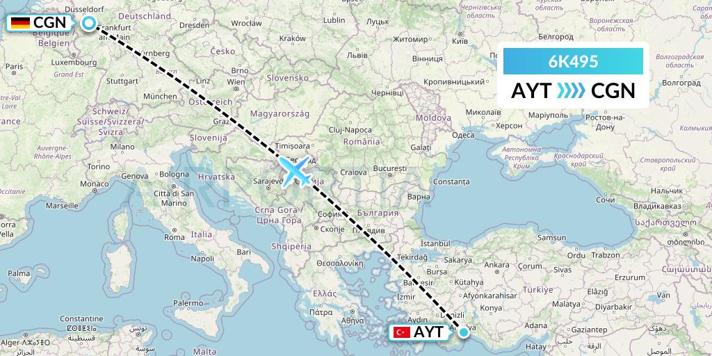 6K495 Songbird Airways Flight Map: Antalya to Cologne
