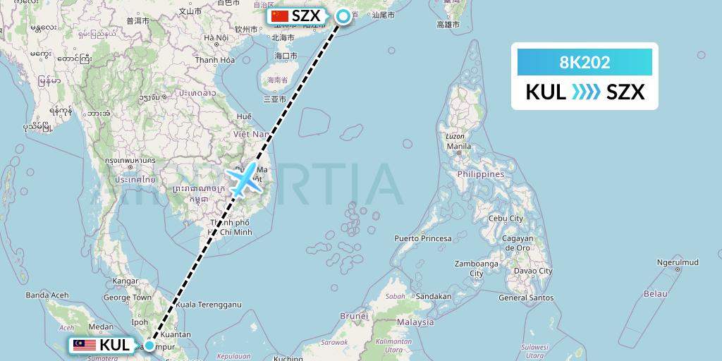 8K202 K-Mile Air Flight Map: Kuala Lumpur to Shenzhen