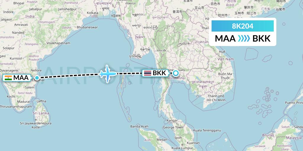 8K204 K-Mile Air Flight Map: Chennai to Bangkok