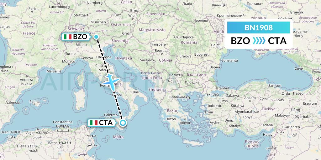 BN1908 Forward Air International Airlines Flight Map: Bolzano to Catania