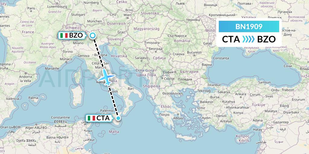 BN1909 Forward Air International Airlines Flight Map: Catania to Bolzano