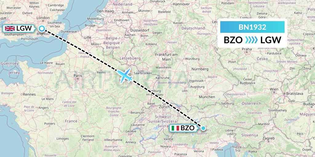 BN1932 Forward Air International Airlines Flight Map: Bolzano to London