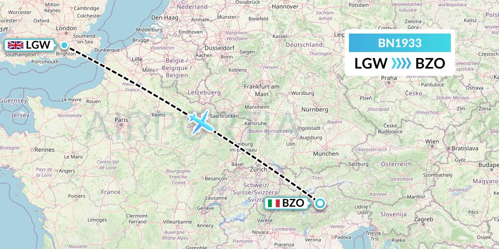BN1933 Forward Air International Airlines Flight Map: London to Bolzano