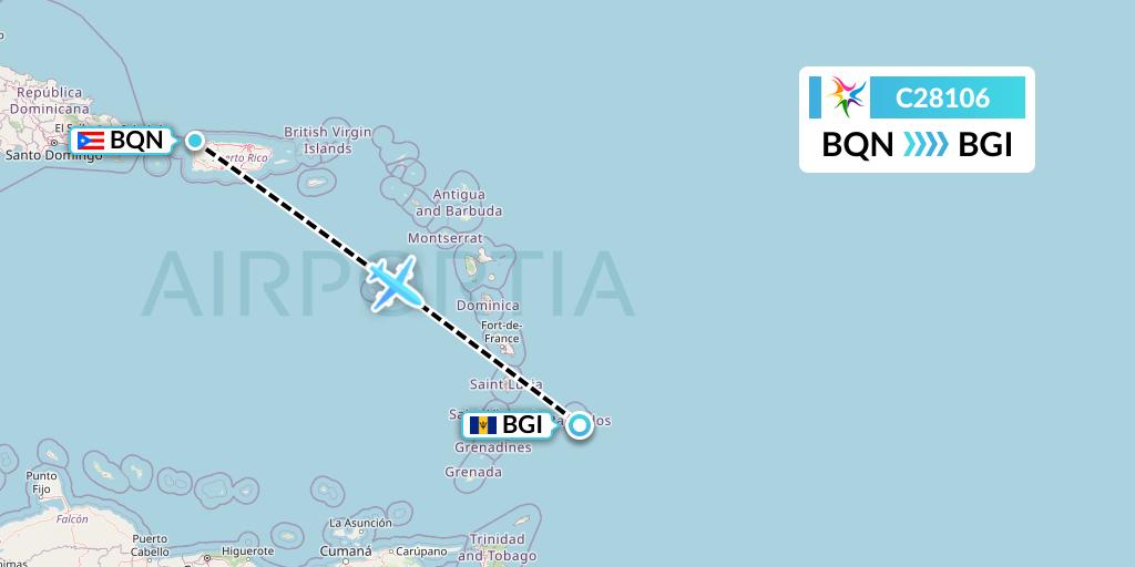 C28106 Ceiba Intercontinental Flight Map: Aguadilla to Bridgetown