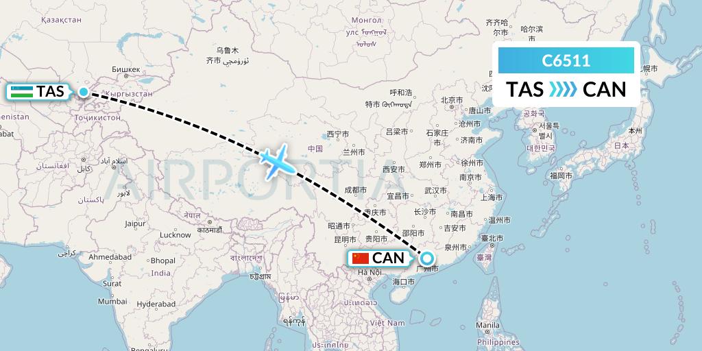 C6511 Capitol Air Express Flight Map: Tashkent to Guangzhou