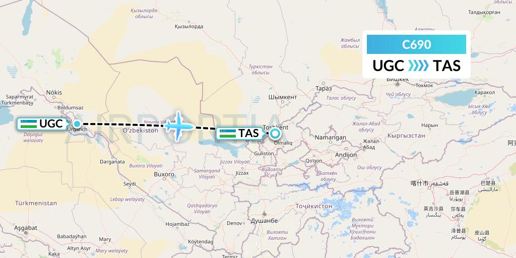 C690 Capitol Air Express Flight Map: Urgench to Tashkent