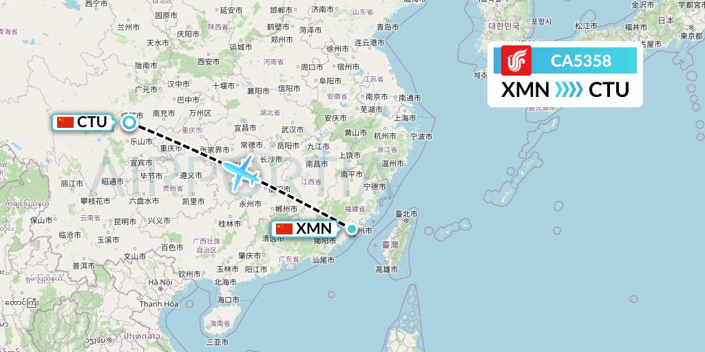 CA5358 Air China Flight Map: Xiamen to Chengdu
