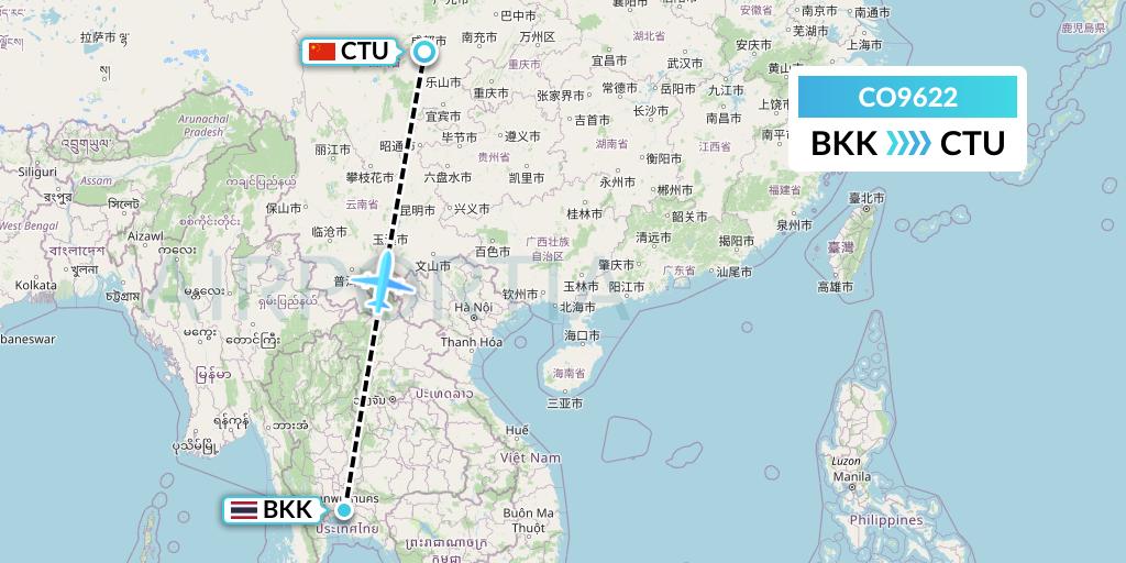 CO9622 North-Western Cargo International Airlines Flight Map: Bangkok to Chengdu