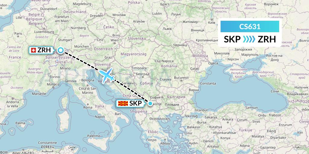 CS631 Continental Micronesia Flight Map: Skopje to Zurich