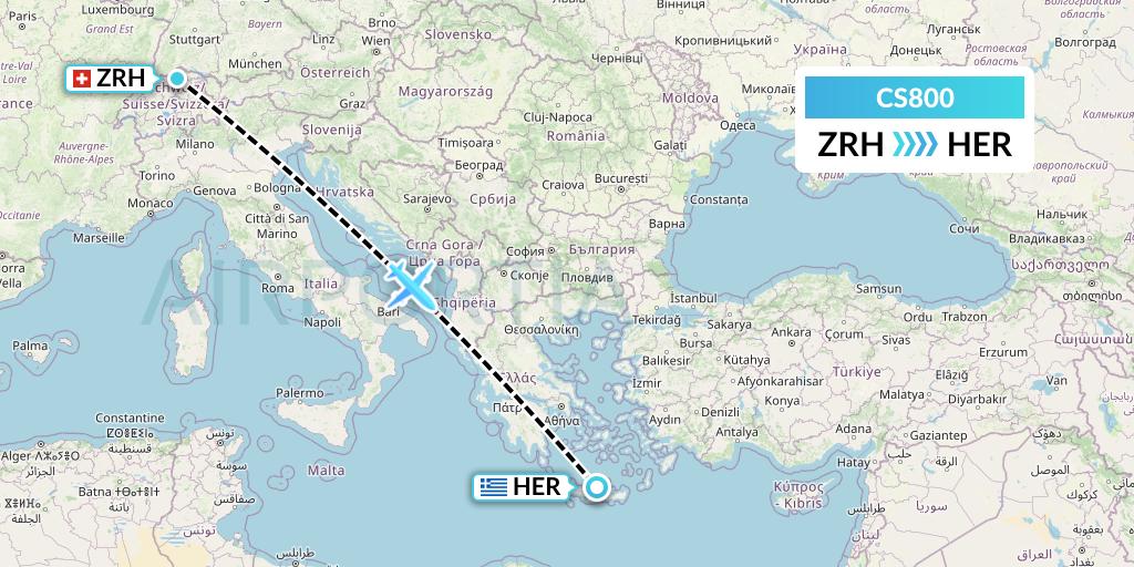CS800 Continental Micronesia Flight Map: Zurich to Heraklion