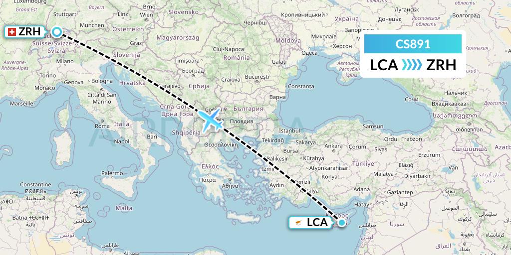 CS891 Continental Micronesia Flight Map: Larnaca to Zurich