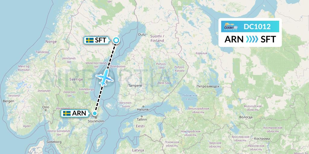 DC1012 Braathens Regional Flight Map: Stockholm to Skelleftea