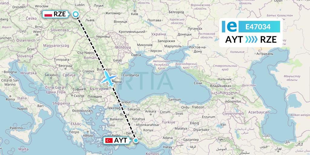 E47034 Estelar Latinoamerica C.A. Flight Map: Antalya to Rzeszow