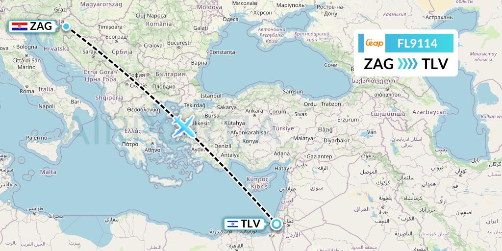 FL9114 AirTran Flight Map: Zagreb to Tel Aviv