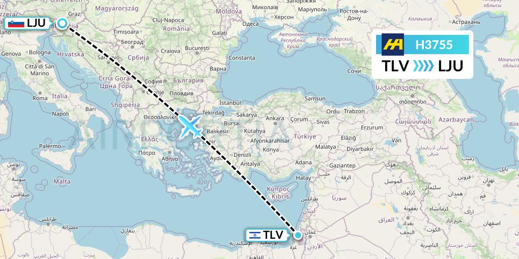 H3755 Harbour Air Flight Map: Tel Aviv to Ljubljana