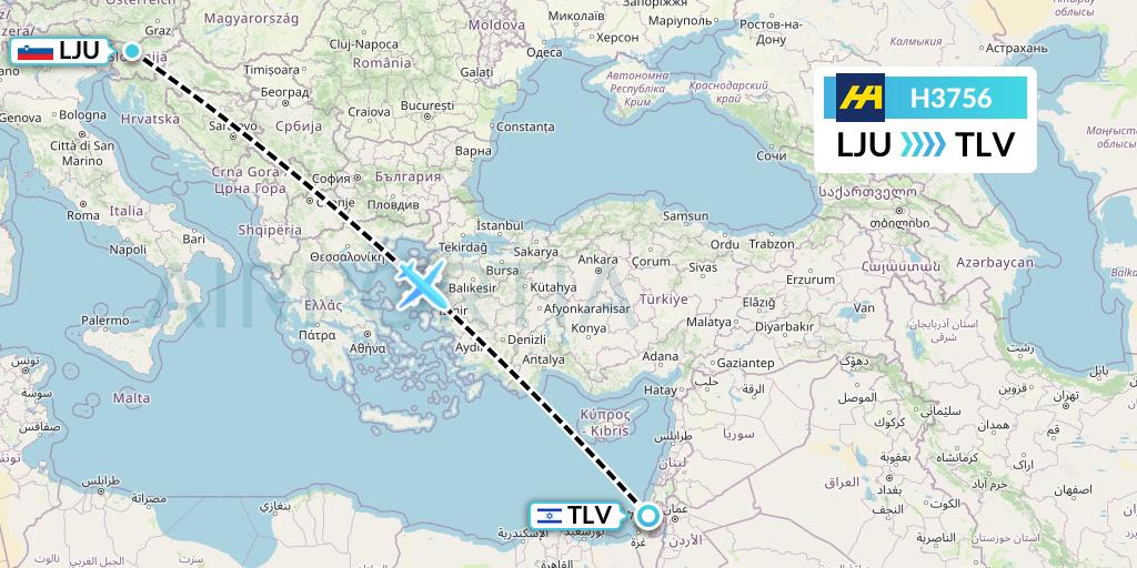H3756 Harbour Air Flight Map: Ljubljana to Tel Aviv