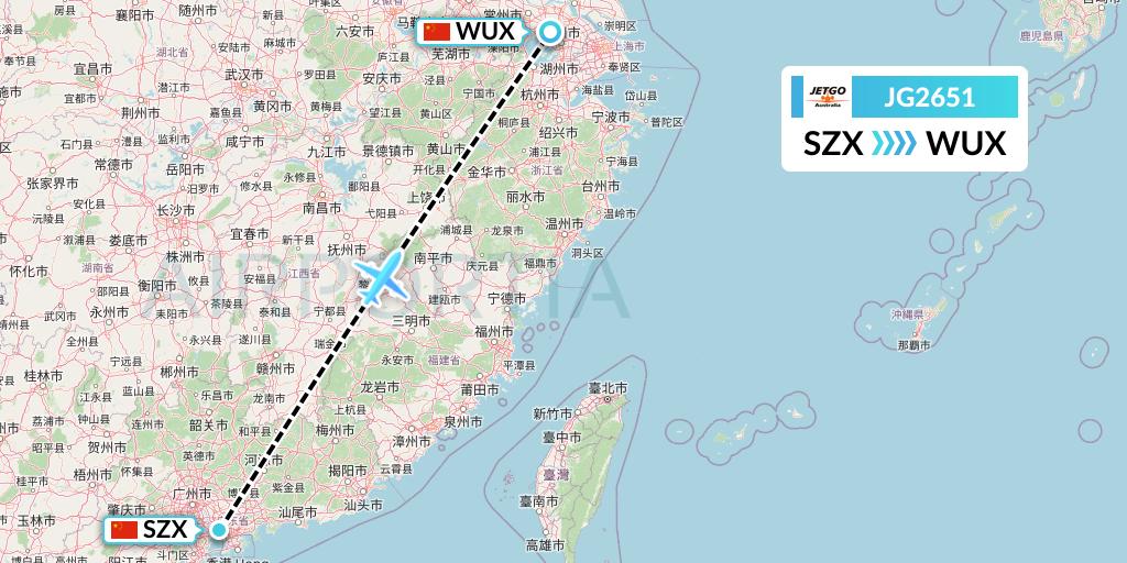 JG2651 JetGo Australia Flight Map: Shenzhen to Wuxi