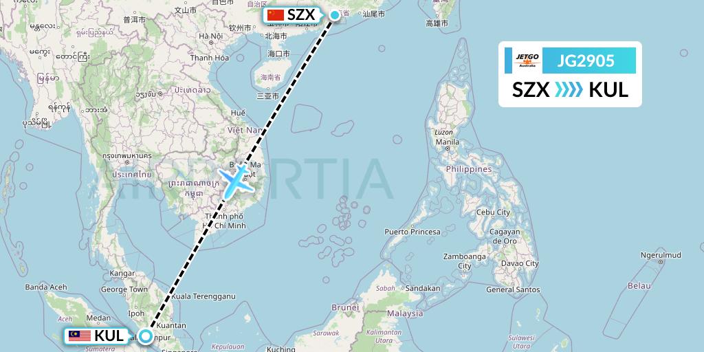 JG2905 JetGo Australia Flight Map: Shenzhen to Kuala Lumpur