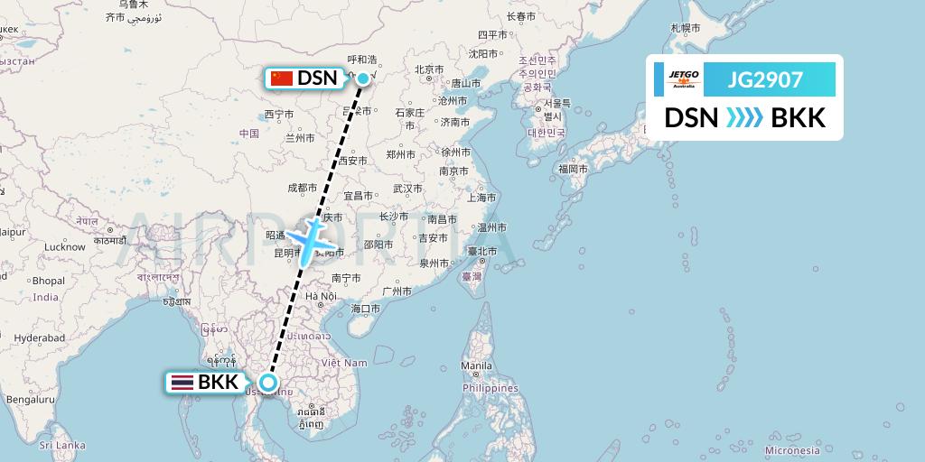 JG2907 JetGo Australia Flight Map: Dongsheng to Bangkok