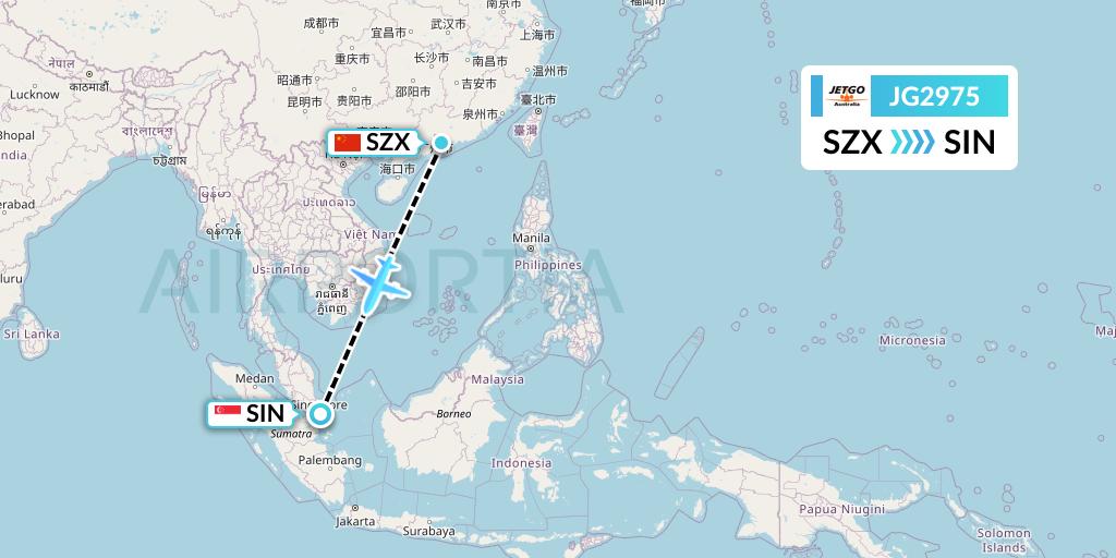 JG2975 JetGo Australia Flight Map: Shenzhen to Singapore