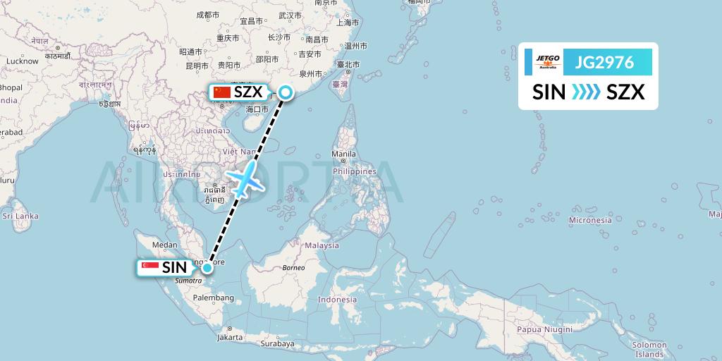 JG2976 JetGo Australia Flight Map: Singapore to Shenzhen
