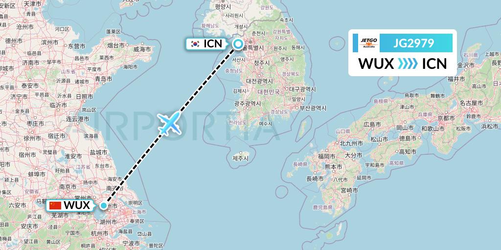 JG2979 JetGo Australia Flight Map: Wuxi to Seoul