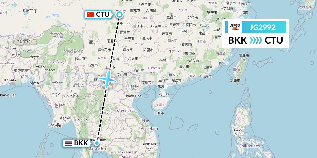 JG2992 JetGo Australia Flight Map: Bangkok to Chengdu