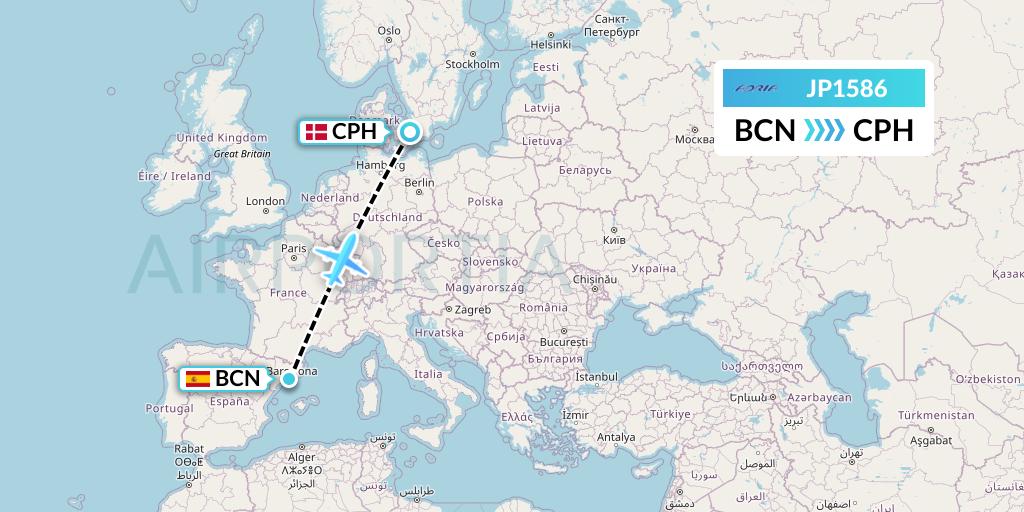 JP1586 Adria Airways Flight Map: Barcelona to Copenhagen