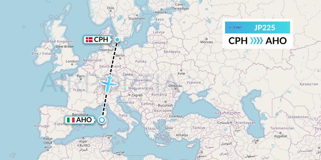 JP225 Adria Airways Flight Map: Copenhagen to Alghero