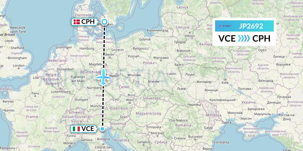 JP2692 Adria Airways Flight Map: Venice to Copenhagen