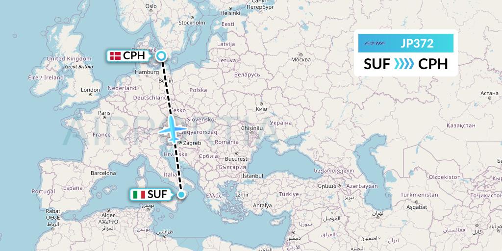 JP372 Adria Airways Flight Map: Lamezia Terme to Copenhagen