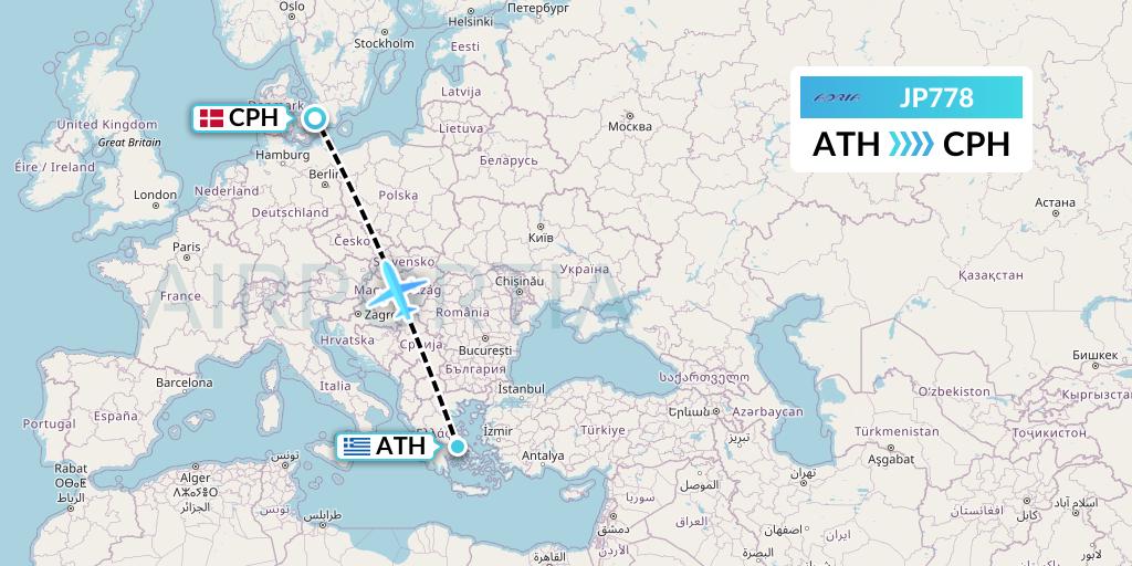 JP778 Adria Airways Flight Map: Athens to Copenhagen