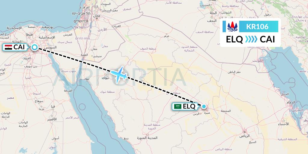 KR106 Cambodia Airways Flight Map: Al-Qassim to Cairo