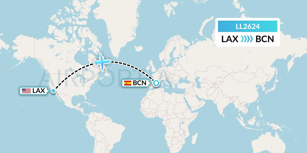 LL2624 Miami Air International Flight Map: Los Angeles to Barcelona