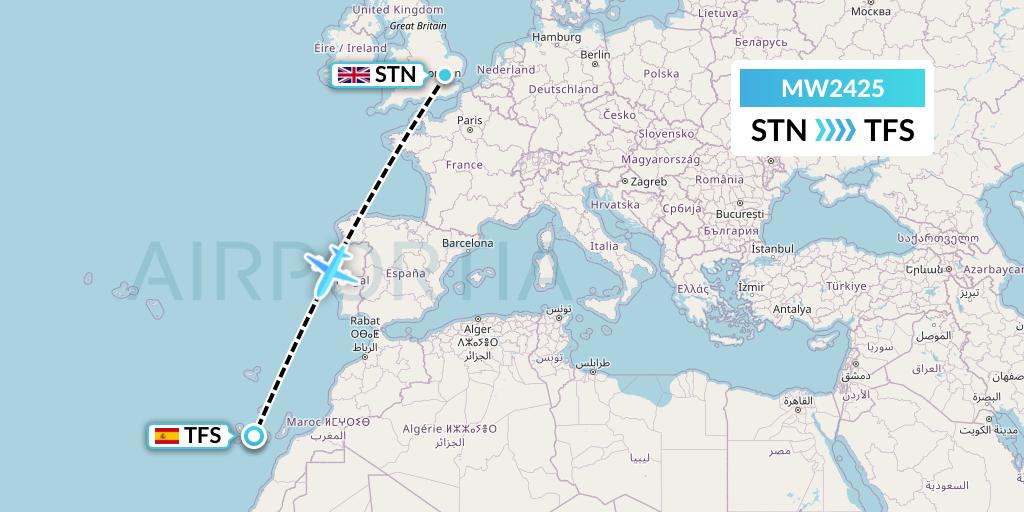 MW2425 Mokulele Flight Service Flight Map: London to Tenerife