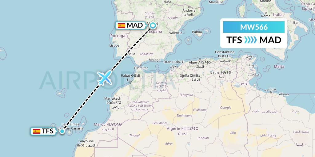 MW566 Mokulele Flight Service Flight Map: Tenerife to Madrid