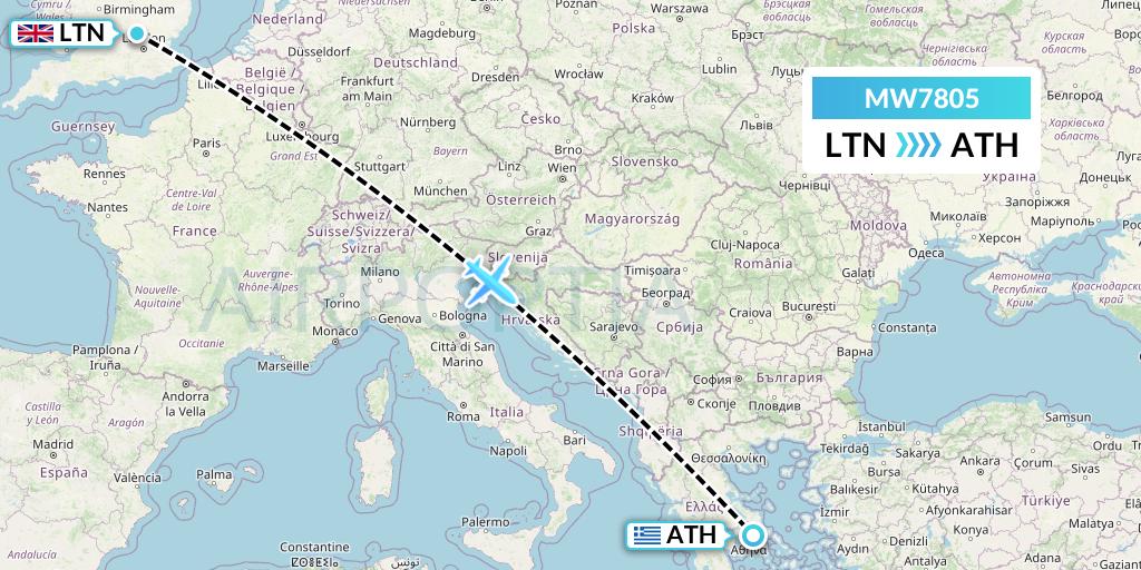 MW7805 Mokulele Flight Service Flight Map: London to Athens