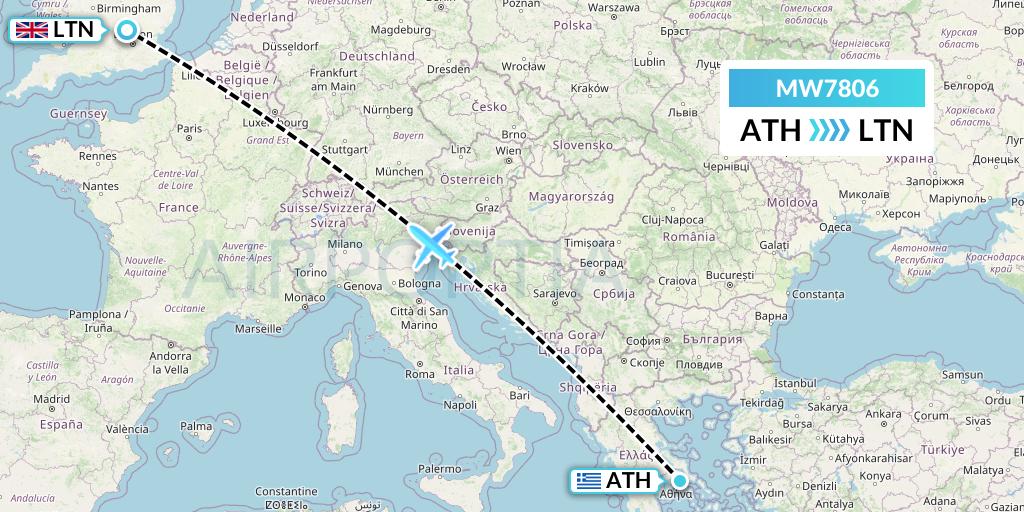 MW7806 Mokulele Flight Service Flight Map: Athens to London