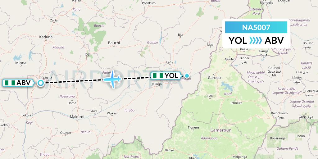 NA5007 North American Airlines Flight Map: Yola to Abuja