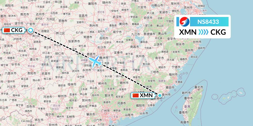 NS8433 Hebei Airlines Flight Map: Xiamen to Chongqing