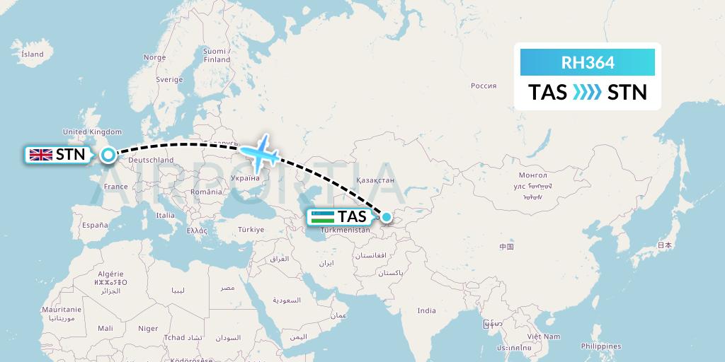 RH364 Republic Express Airlines Flight Map: Tashkent to London