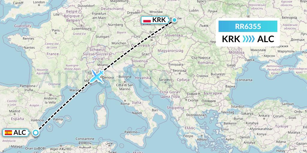 RR6355 Royal Air Force Flight Map: Krakow to Alicante