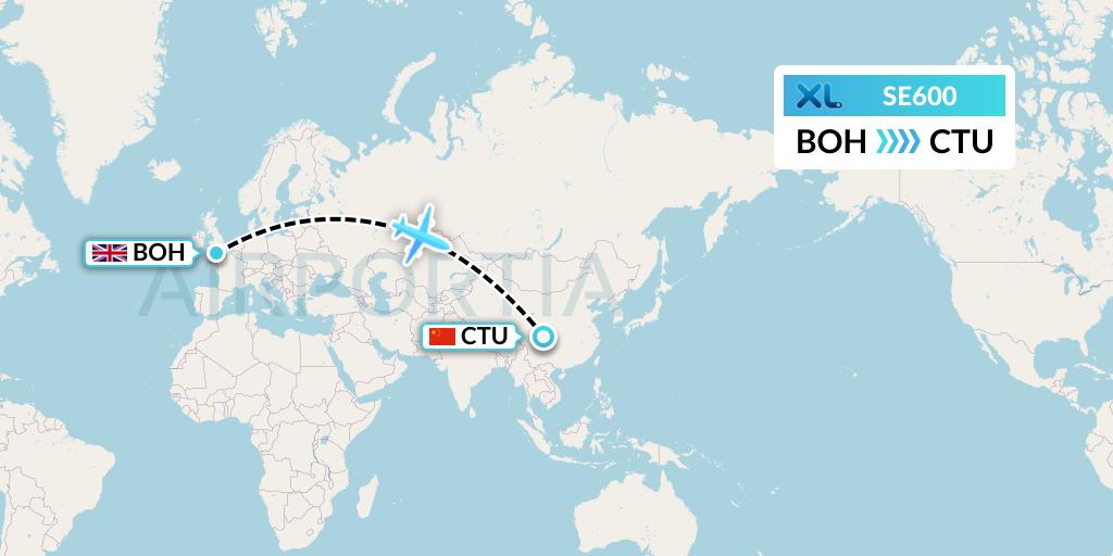 SE600 XL Airways France Flight Map: Bournemouth to Chengdu