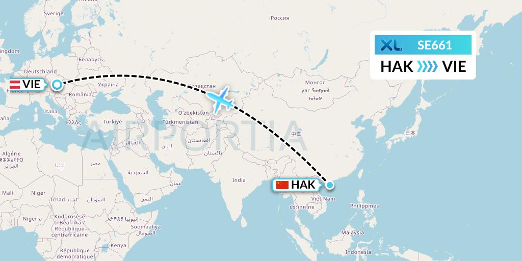 SE661 XL Airways France Flight Map: Haikou to Vienna
