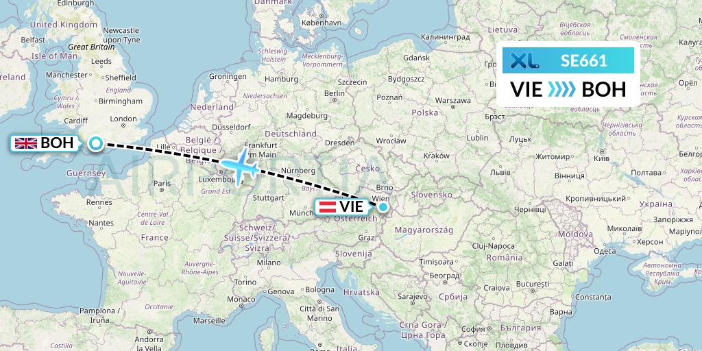 SE661 XL Airways France Flight Map: Vienna to Bournemouth