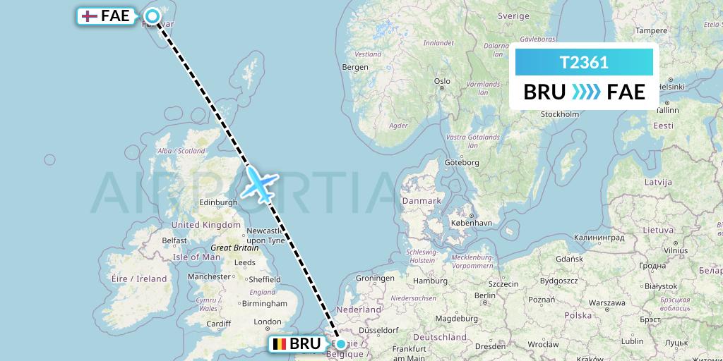 T2361 Tair Airways Flight Map: Brussels to Vagar