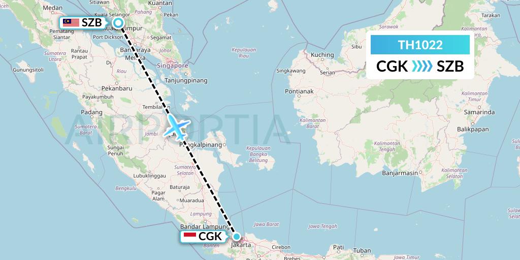 TH1022 Raya Airways Sdn. Bhd. dba Raya Airways Flight Map: Jakarta to Kuala Lumpur